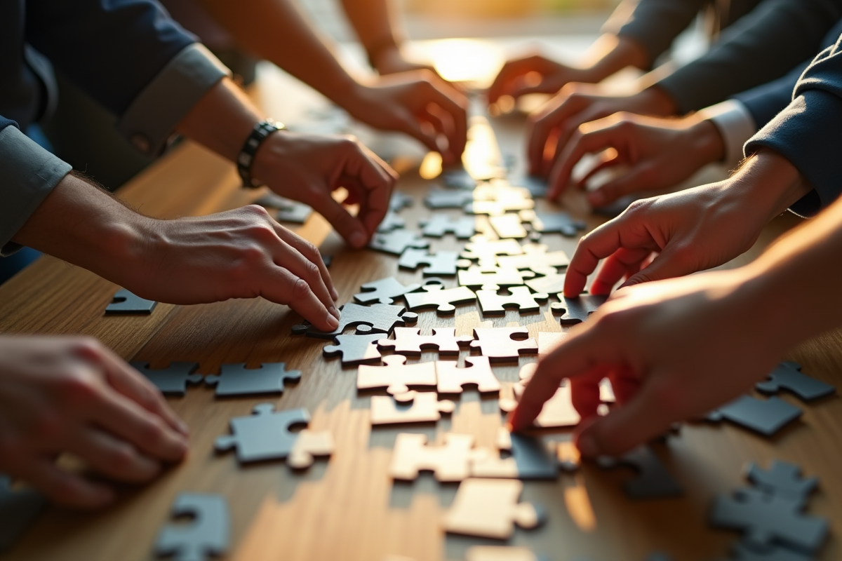Mains assemblant un puzzle pour symboliser le travail d