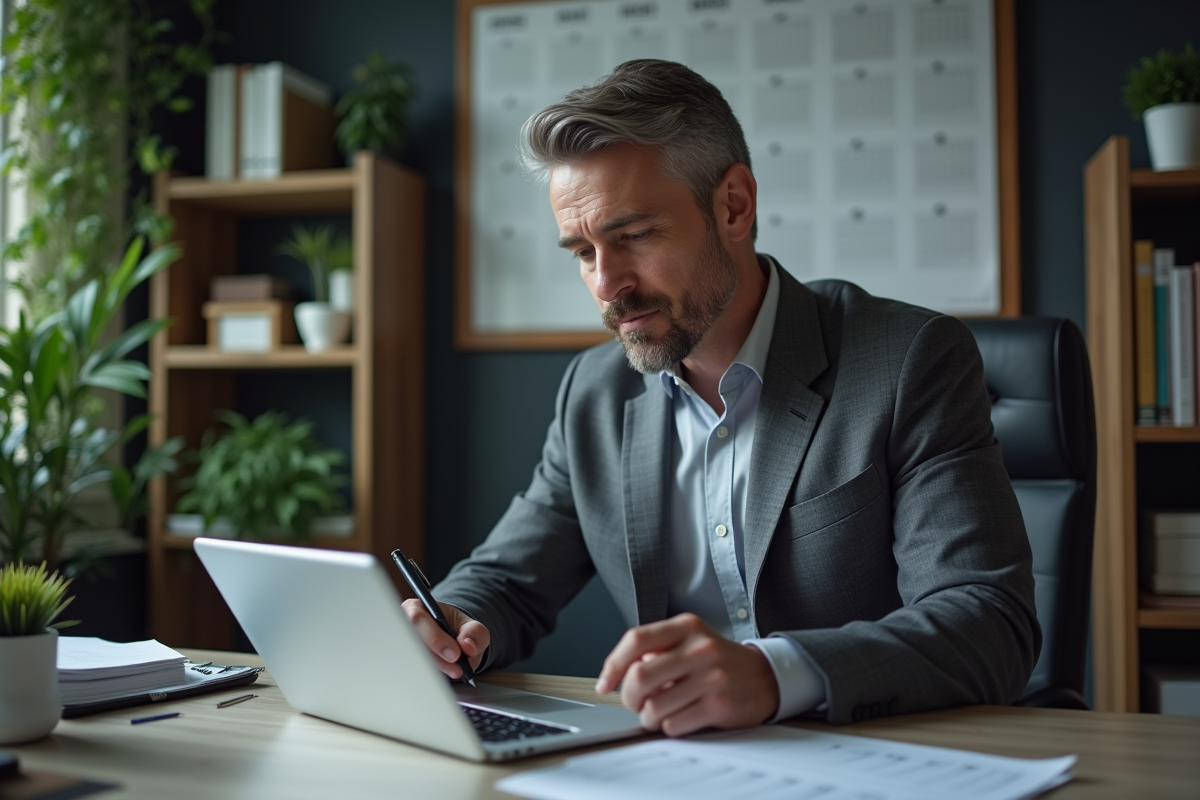 Manager en bureau lisant une tablette avec concentration