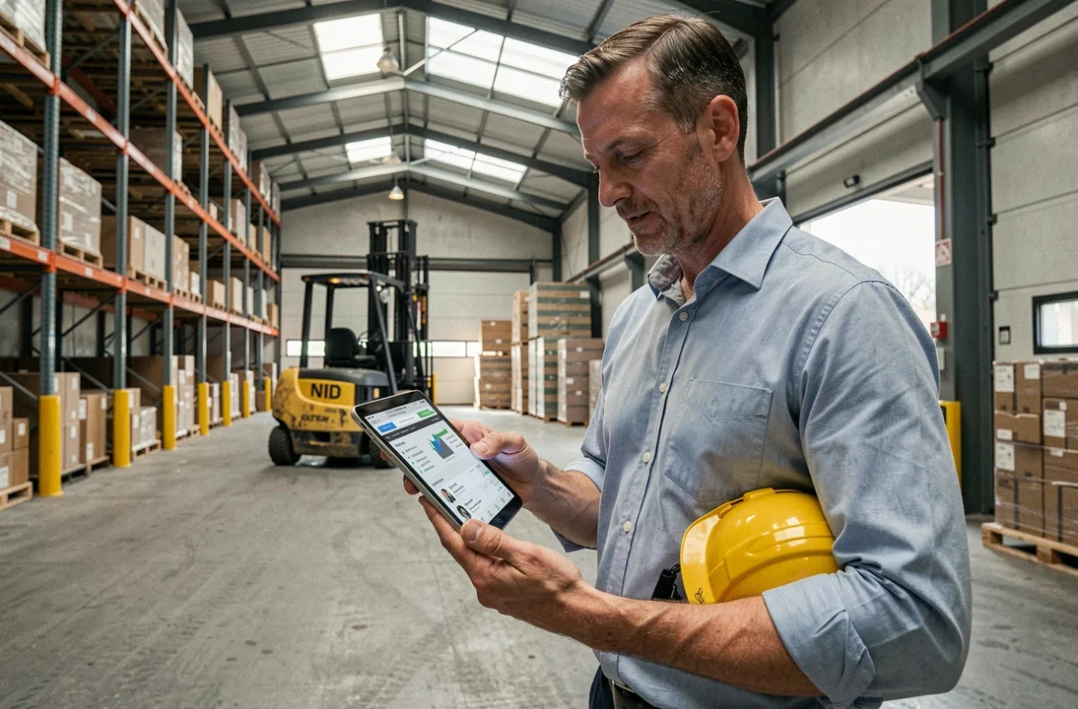 Recruteur industriel en entrepôt logistique tenant une tablette avec des profils de candidats pour des postes industrie et logistique