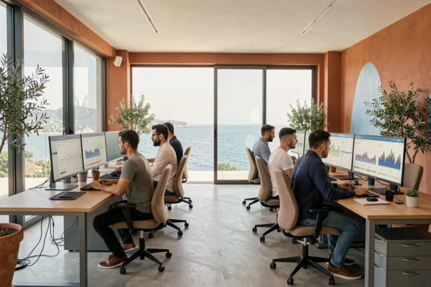 Vue panoramique d'une agence SEO moderne sur la Côte d'Azur avec des professionnels travaillant sur des tableaux de bord d'analyse numérique