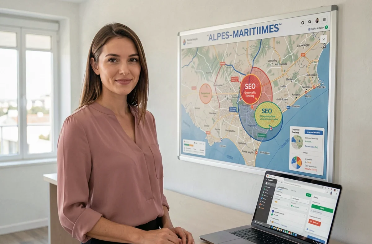 Spécialiste en marketing digital de Meridigital présentant une carte de ciblage SEO géographique des Alpes-Maritimes dans un bureau moderne à Sophia Antipolis