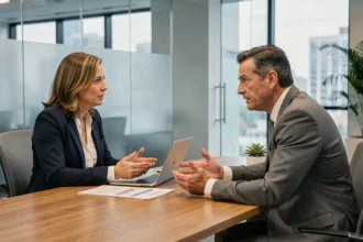 Commerciale utilisant la méthode CAP pour répondre aux objections d'un client lors d'une réunion professionnelle en salle de conférence