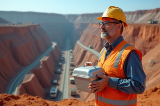 Mineur homme au casque dans une mine à ciel ouvert