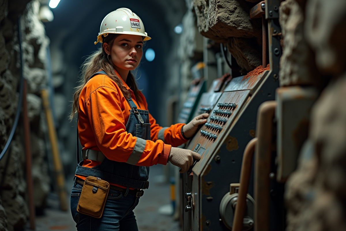 Jeune femme mineuse dans un tunnel souterrain