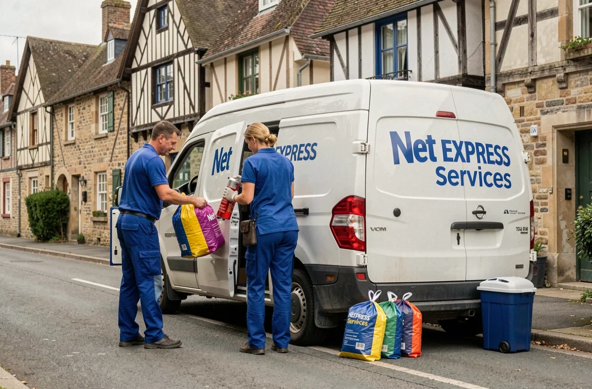 Équipe Net Express Services chargeant leur camionnette de nettoyage devant des maisons à colombages en Normandie