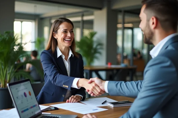 Femme d'affaires et partenaire commercial se serrant la main dans un bureau moderne, illustrant le networking B2B professionnel sur Mon-Cercle-B2B.fr