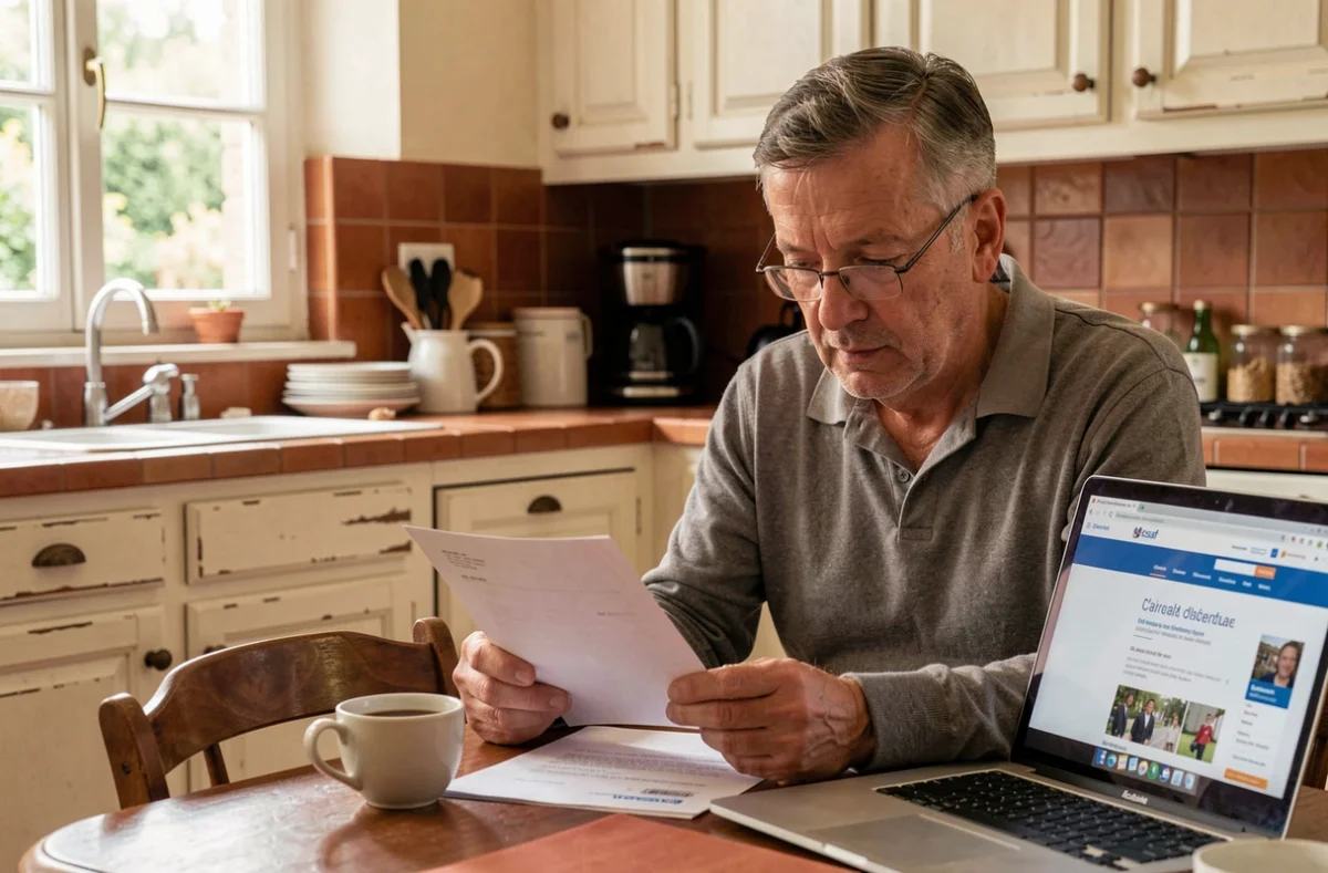 Homme à la retraite anticipée lisant un courrier officiel Urssaf à la table de sa cuisine avec un café et un ordinateur ouvert