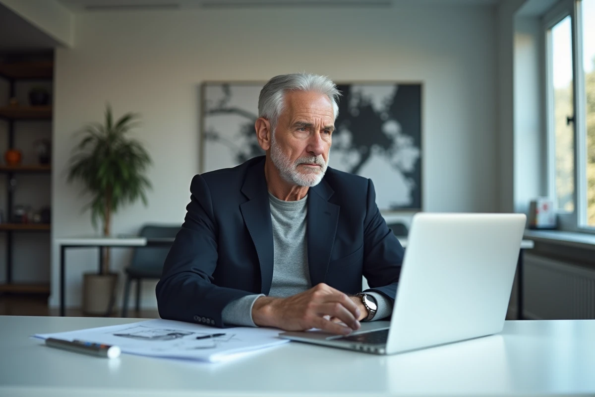 PDG d'une multinationale technologique assis à son bureau minimaliste entouré de documents et d'un ordinateur portable
