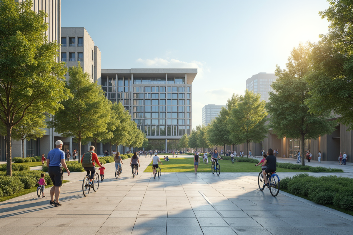 Place urbaine moderne avec familles et espaces verts en journée