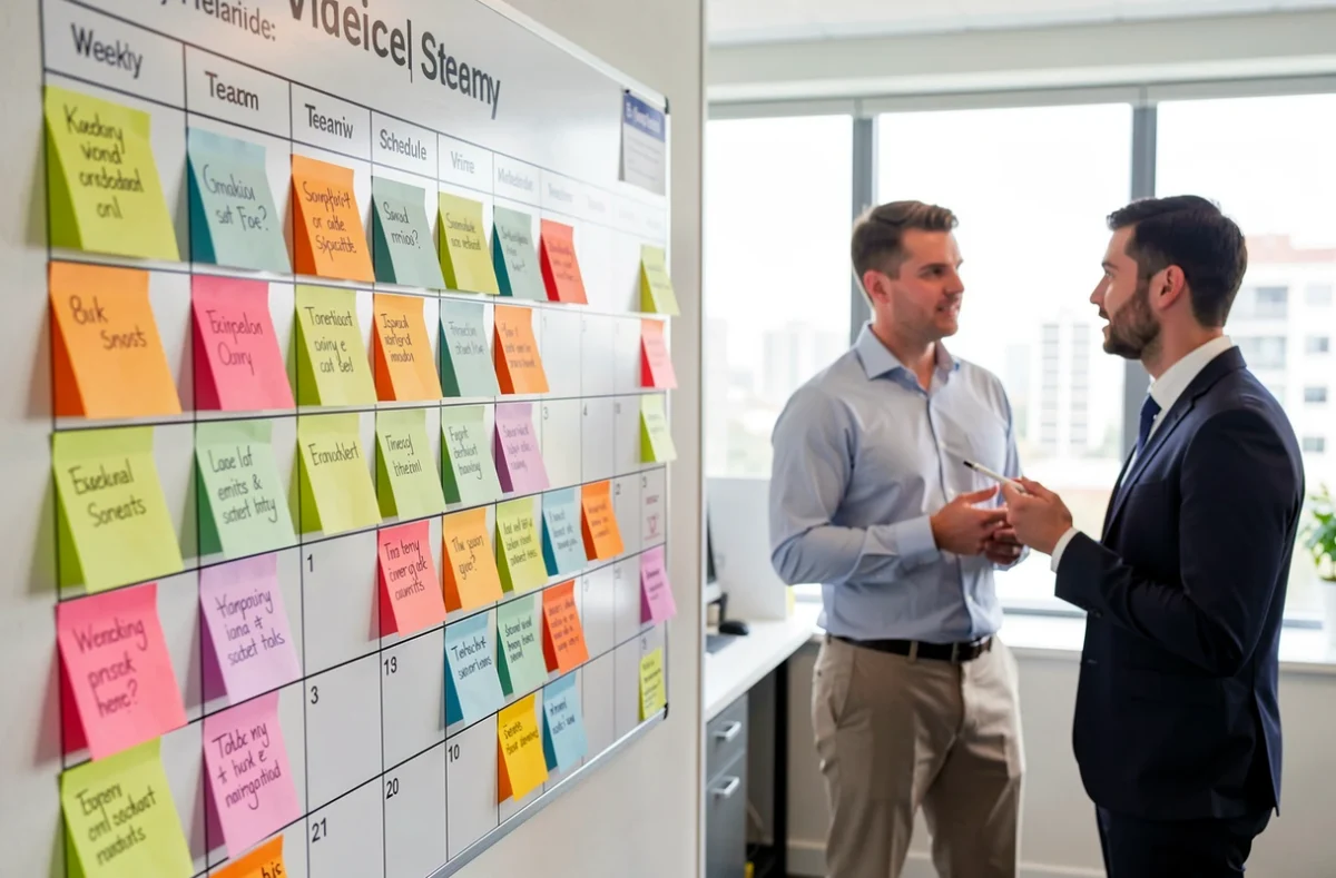 Planning d'équipe mural avec notes colorées dans un bureau