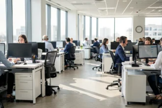 Plateau de centre de contact avec des agents équipés de casques