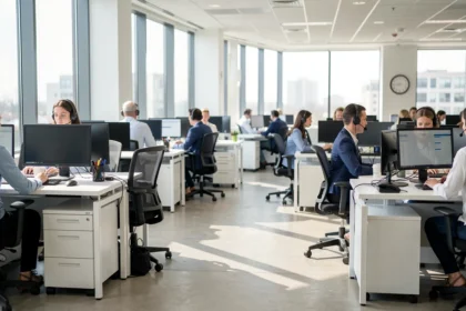 Plateau de centre de contact avec des agents équipés de casques