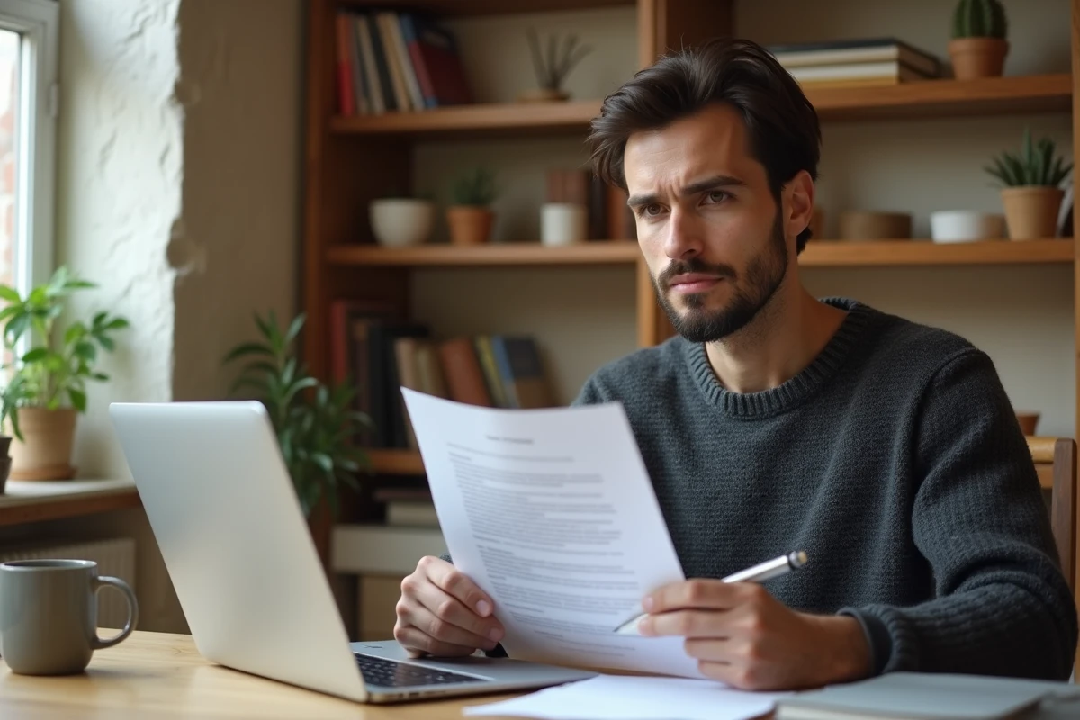 Personne préparant une lettre de rupture conventionnelle à domicile devant un ordinateur portable
