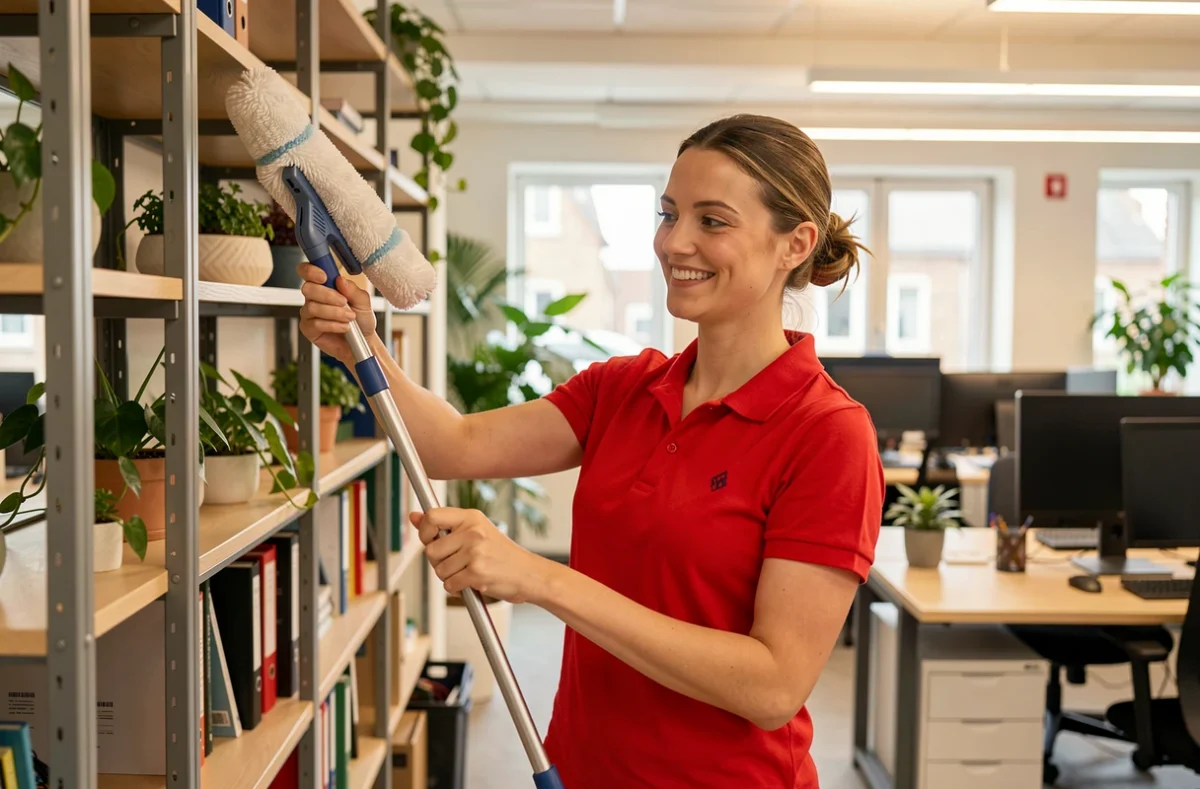 Agente Pro Propreté dépoussiérant des étagères de bureaux modernes en Normandie avec un plumeau microfibre
