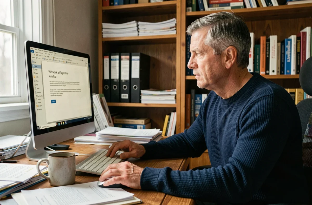 Homme cherchant une solution à un problème de connexion depuis son bureau à domicile