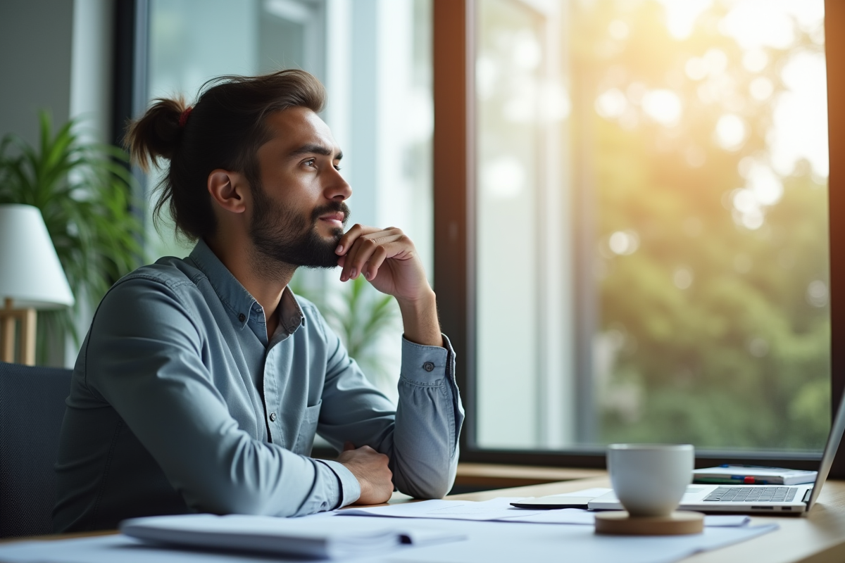 Professionnel confiant au bureau contemplant la fenetre