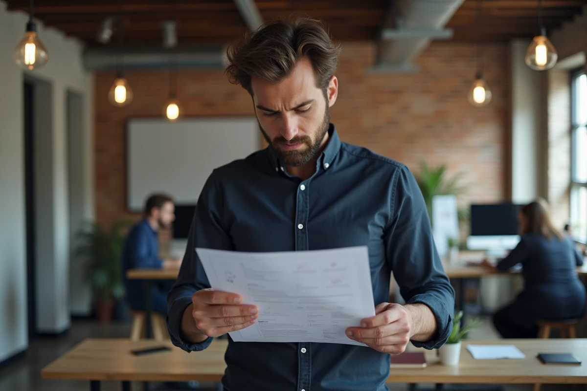 Jeune professionnel analysant la maquette d'un site web dans un espace de co-working moderne avec des murs en briques apparentes