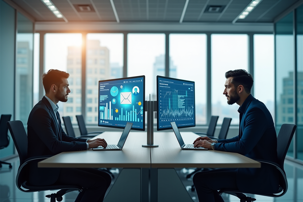 Deux professionnels dans un bureau moderne analysant des données