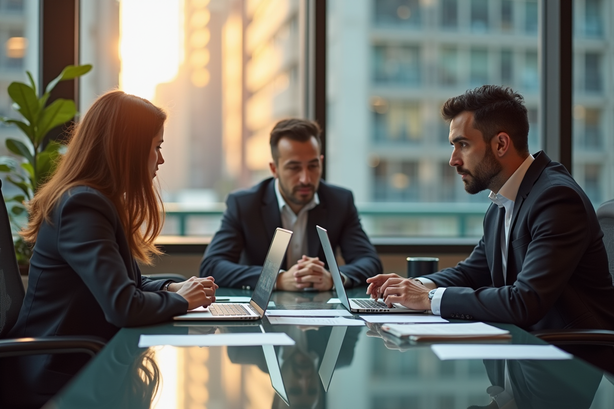 Trois professionnels en réunion dans un bureau moderne