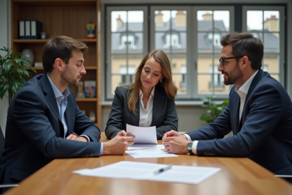 Groupe de professionnels français discutant de documents officiels