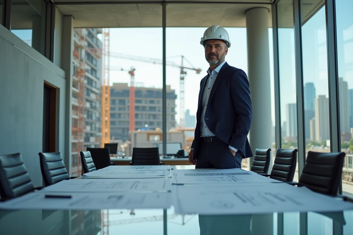 Chef de projet dans une salle de réunion avec vue sur le chantier
