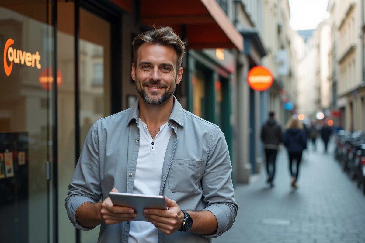 Propriétaire de commerce devant son local professionnel consultant une assurance en ligne sur tablette
