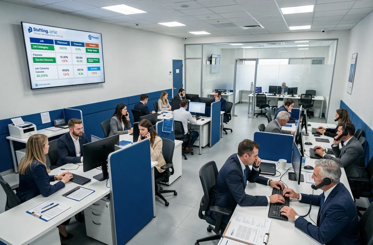 Vaste plateau de recruteurs dans une agence Randstad Grand Est gérant du recrutement en volume et spécialisé