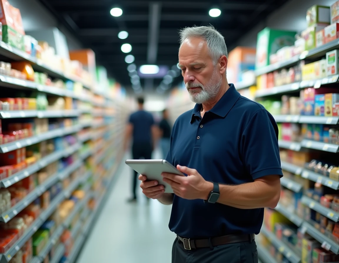 Homme en reconversion professionnelle dans la grande distribution consultant une tablette pour gérer les stocks dans un rayon de supermarché