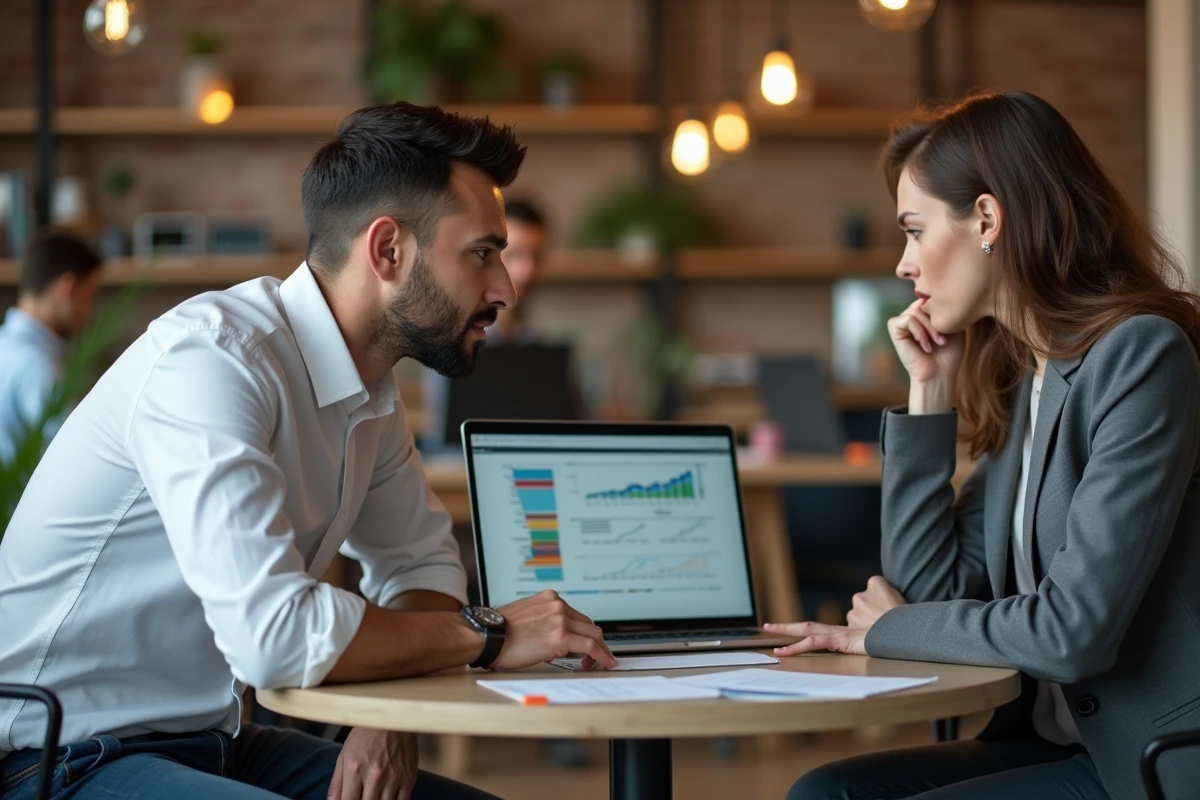 Recruteur présentant des analyses de funnel RH à une manager dans un bureau en open space