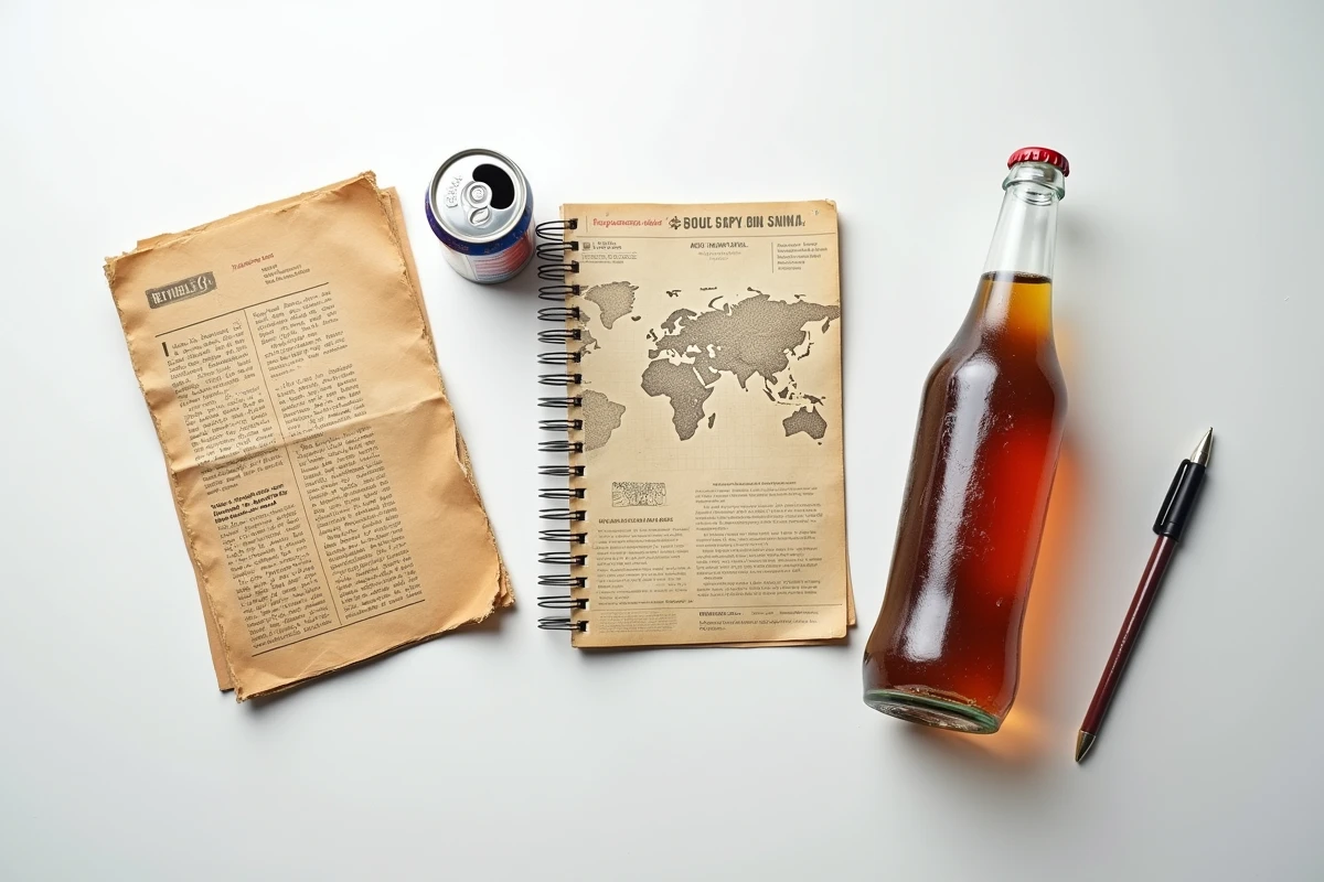 Mise à plat vintage avec une ancienne bouteille Red Bull, coupures de presse et carte du monde symbolisant l'histoire et l'expansion mondiale de la marque Red Bull