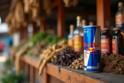 Canette de Red Bull posée sur un étal de marché traditionnel asiatique entouré de remèdes locaux, illustrant les origines thaïlandaises de la boisson énergisante