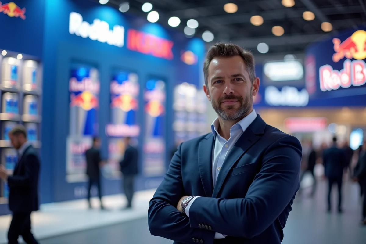 Cadre marketing en costume devant un mur de communication Red Bull lors d'un salon commercial européen, représentant la stratégie marketing mondiale de la marque