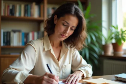 Femme rédigeant une lettre recommandée avec accusé de réception à son bureau à domicile