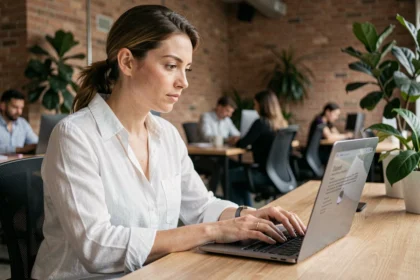 Femme professionnelle rédigeant un post LinkedIn avec mise en forme texte sur ordinateur portable dans un bureau moderne