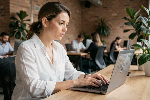 Femme professionnelle rédigeant un post LinkedIn avec mise en forme texte sur ordinateur portable dans un bureau moderne