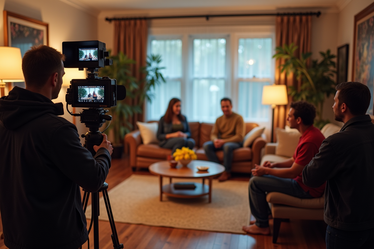 Réalisateur en tournage dans un salon pour une publicité