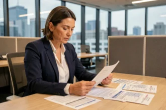 Responsable financière analysant les barèmes TVS 2026 sur des documents imprimés dans un bureau moderne