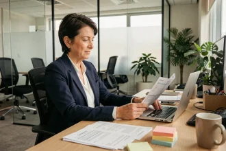 Responsable RH femme consultant des fiches de paie sur ordinateur portable dans un bureau moderne