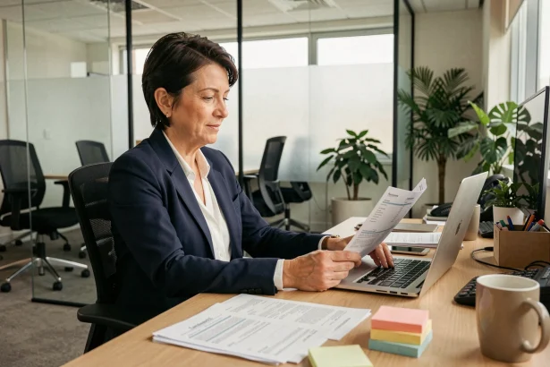 Responsable RH femme consultant des fiches de paie sur ordinateur portable dans un bureau moderne