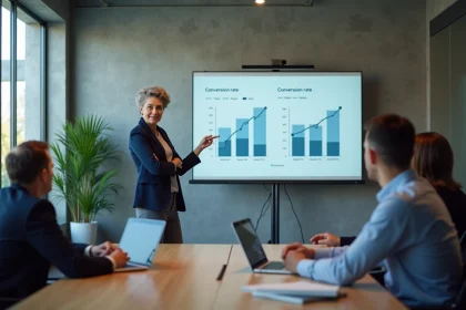 Responsable RH présentant des données de recrutement à des managers sceptiques en salle de réunion