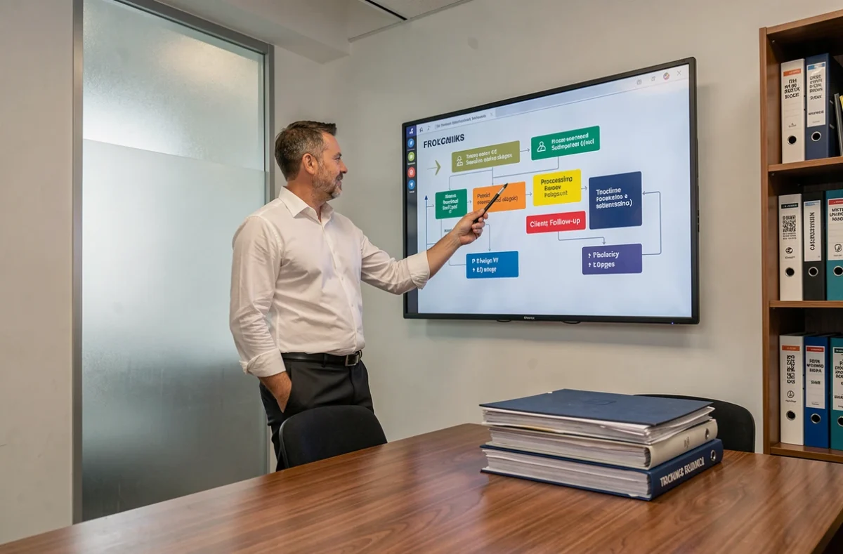 Responsable service client ADL présentant un tableau de suivi des délais de traitement en salle de réunion
