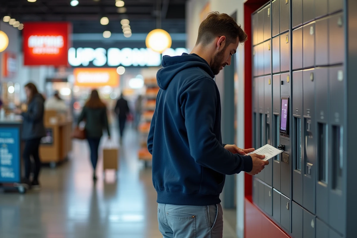 Homme r&eacute;cup&eacute;rant un colis dans une consigne automatique UPS en supermarch&eacute;