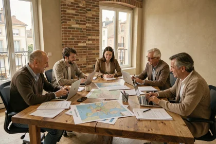Réunion collaborative d'acteurs territoriaux autour d'une table de travail avec cartes et documents dans un espace de co-working en Midi-Pyrénées