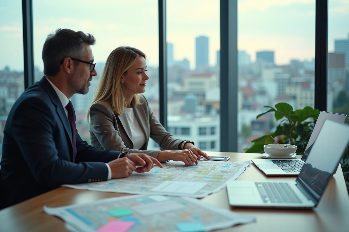 Deux urbanistes croisant des données locales et des indicateurs économiques en ligne lors d'une réunion de planification territoriale dans une salle de conseil régional