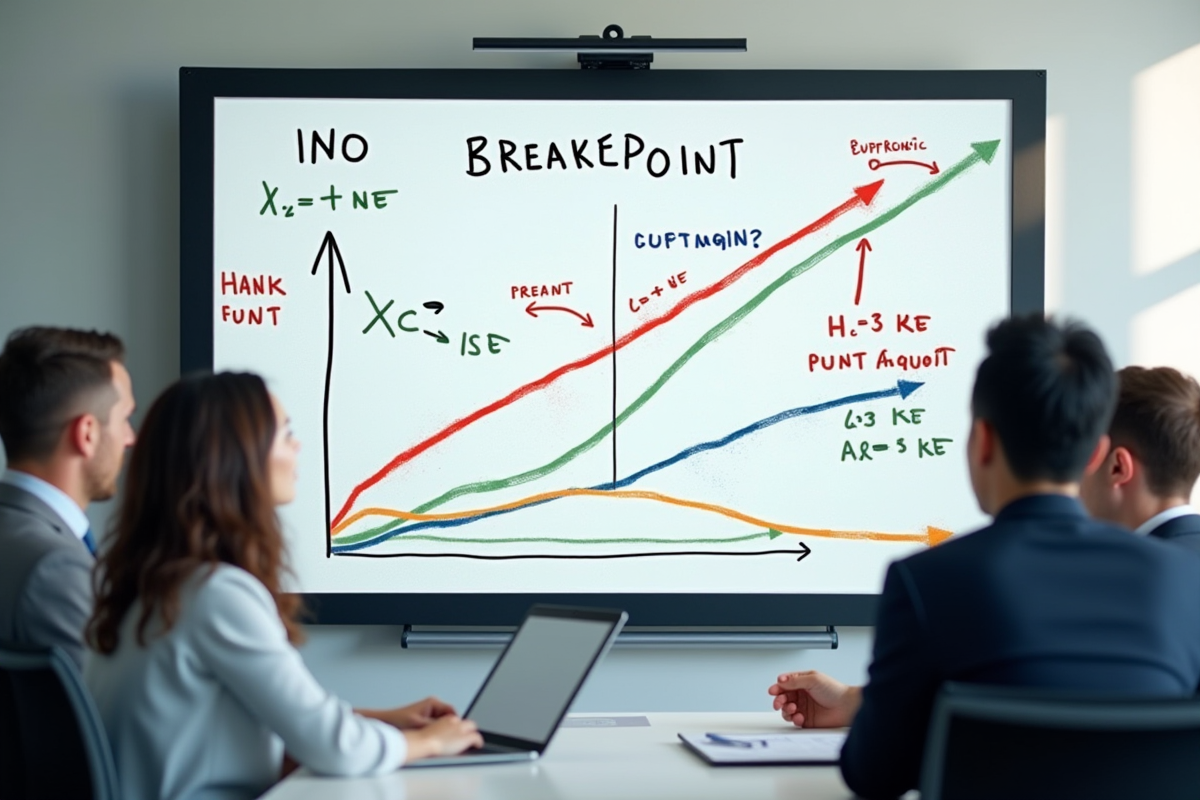 Groupe en discussion devant tableau avec diagrammes breakeven