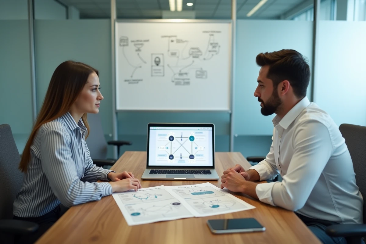 Deux collaborateurs d'une PME analysant un schéma de plan bi connexion internet lors d'une réunion technique