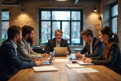 Groupe d'entrepreneurs réunis autour d'une table dans un espace de coworking pour une réunion de réseau professionnel