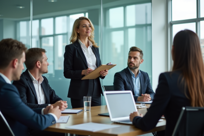 Femme d affaires discutant de la securite en equipe