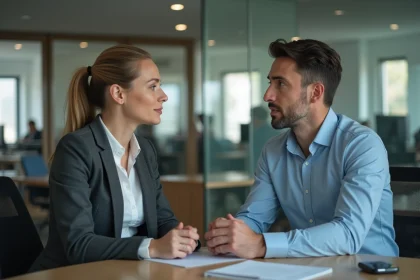 Responsable RH en entretien de développement professionnel avec un collaborateur dans un bureau moderne, illustrant le rôle stratégique des ressources humaines face au principe de Peters
