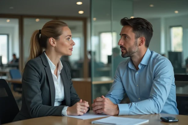 Responsable RH en entretien de développement professionnel avec un collaborateur dans un bureau moderne, illustrant le rôle stratégique des ressources humaines face au principe de Peters